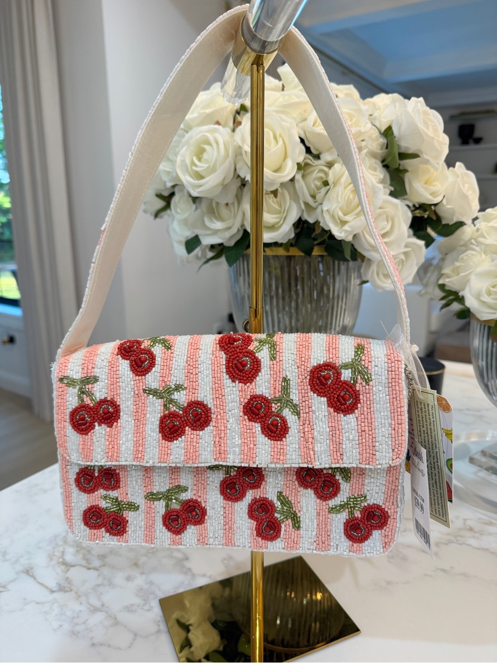 Viral Beaded Cherry Stripe Shoulder Bag - Pink & Red